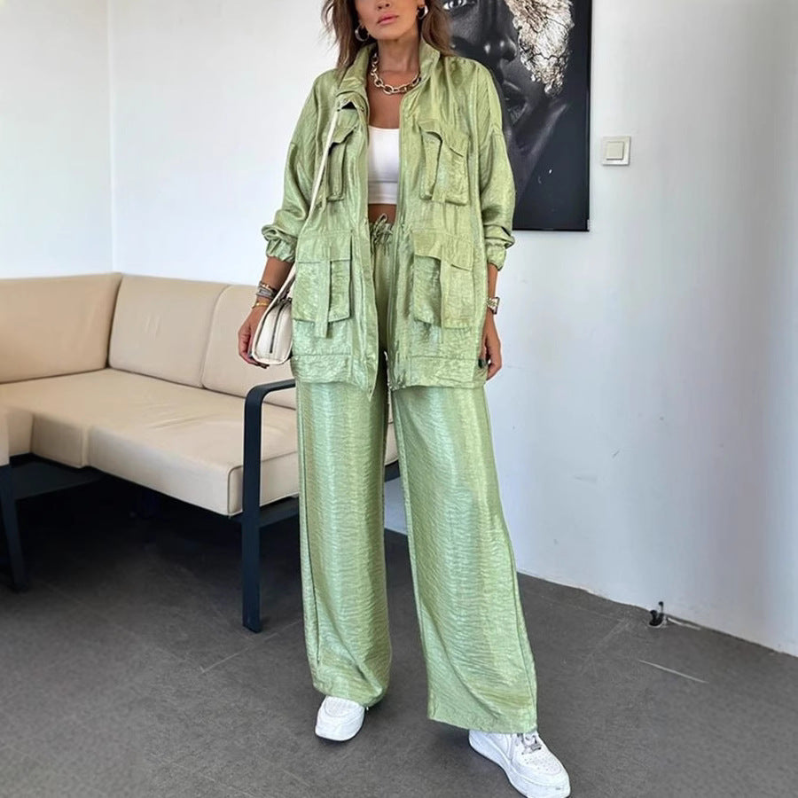 Dame Casual-Look Utility-Sæt i skinnende stof med lommer Stilla