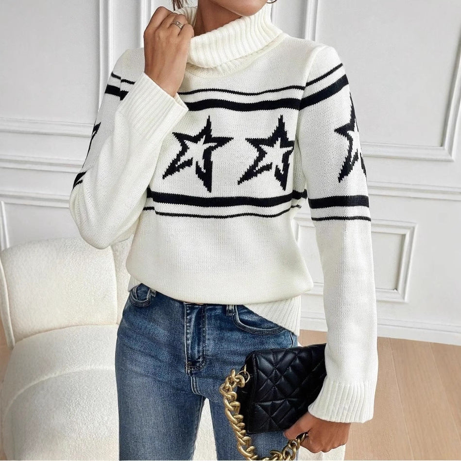 Dame kramme sweater med høj krave og fashionabel stjernetryk Stilla