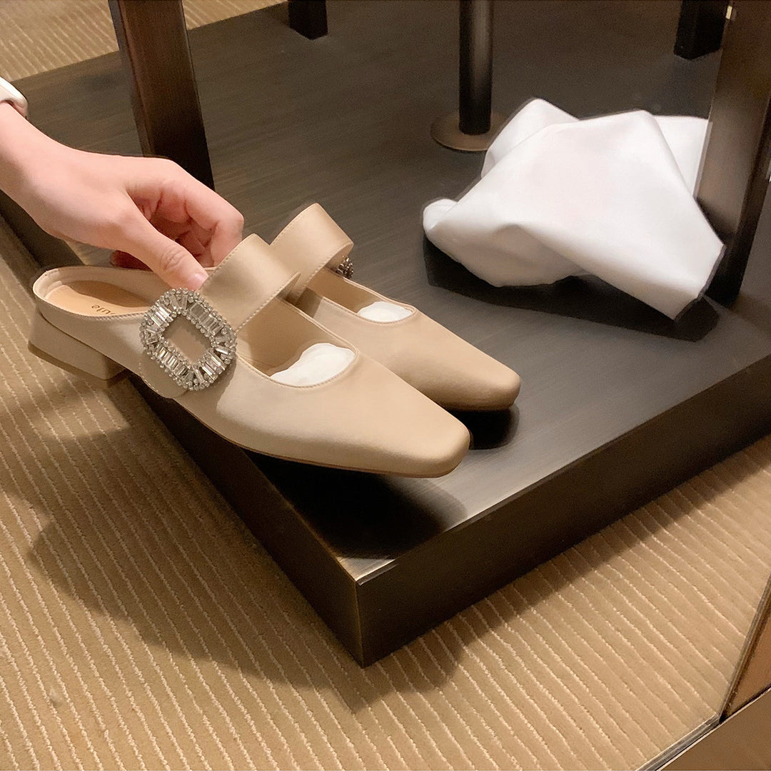 Dame Elegante Quadratåede Slingback Ballerinaer med Rhinestones Spænde Stilla