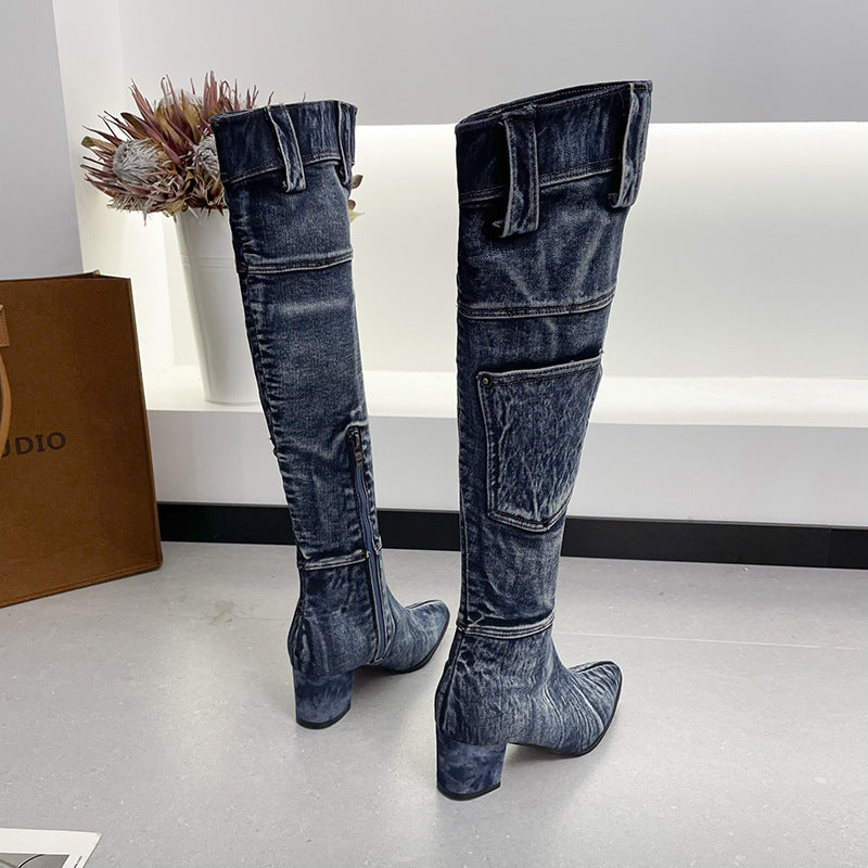 Dame Overknee-støvler i denim-look med robust blokhæl og moderne lommeapplikation Stilla