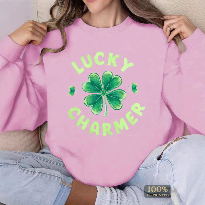 Kvinders sweatshirt med trendy kløverdesign og inspirerende tekst Stilla