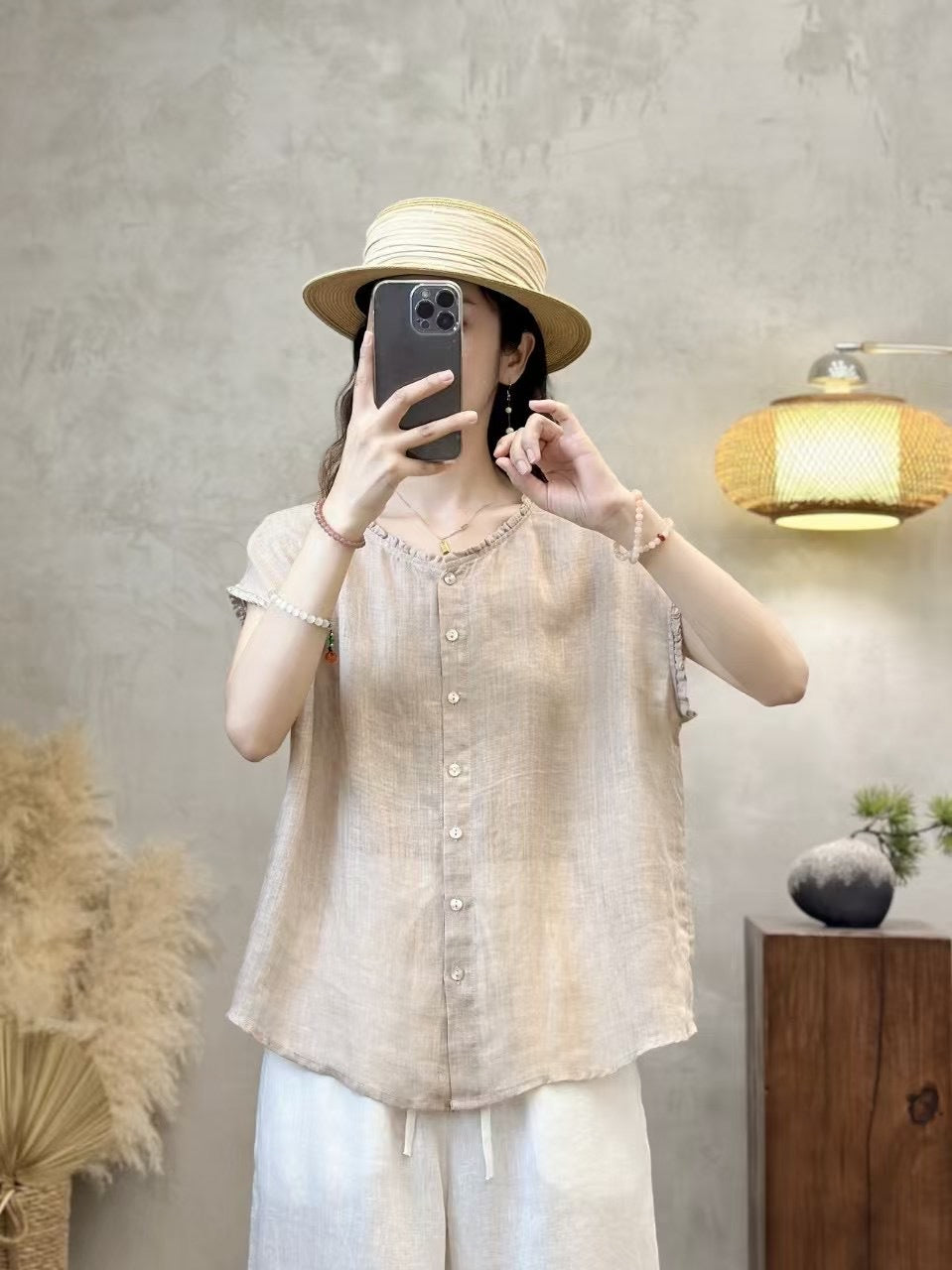 Dame Relaxed Fit Button-Up Korte ærmer Bluse Stilla