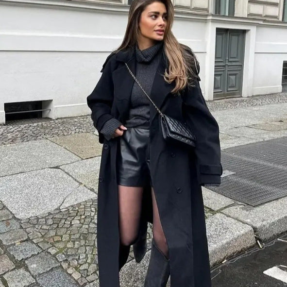 Damer Elegant Lang Trench Coat med Struktureret Standskæde Stilla