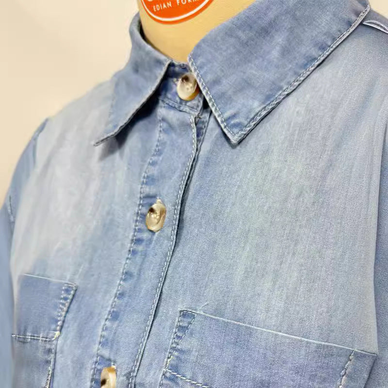 Dame Løst Denim-Skorte med praktiske Lommer Stilla