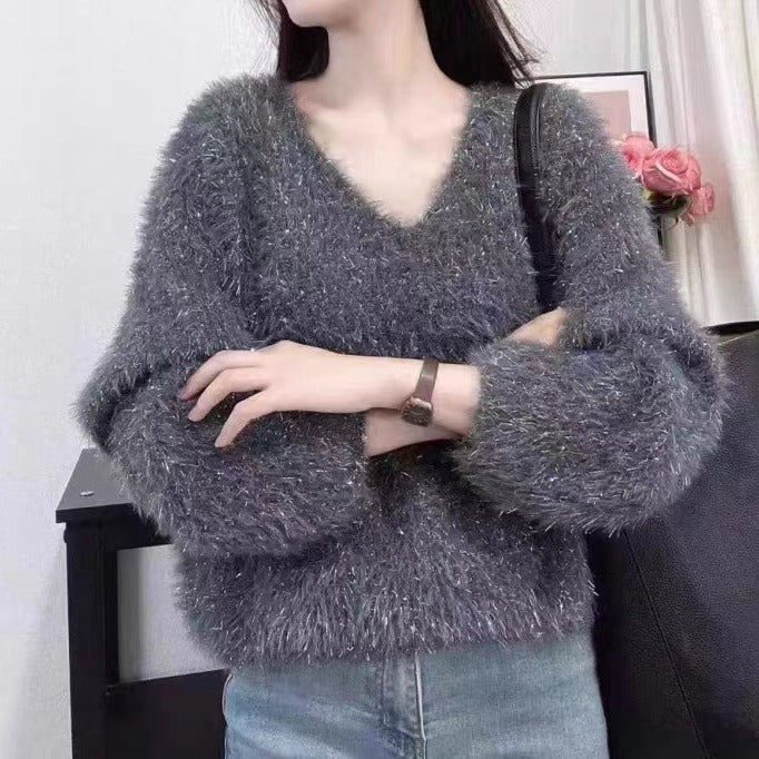 Femme V-hals Strukturstrik Pullover Sweater Stilla