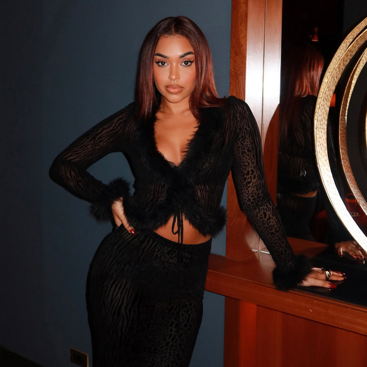 Damen eleganter Rock mit Tiermuster und luxuriösem Fellsaum Skovae