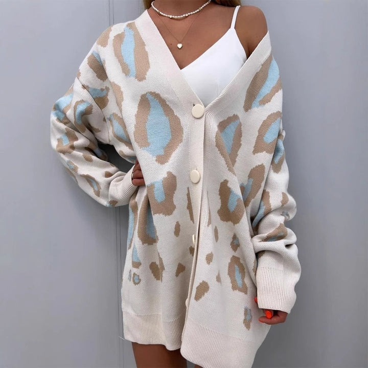 Dame hyggelig Cardigan med farverig Leopardprint Stilla