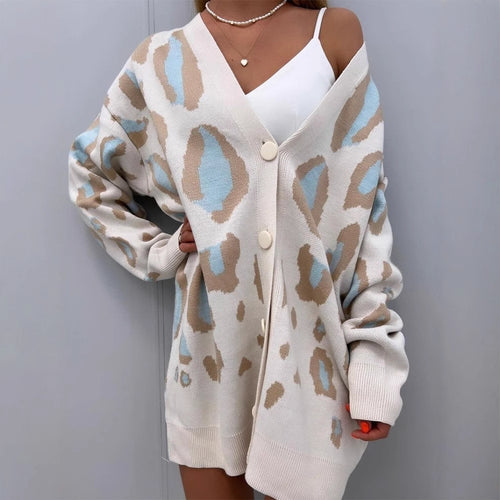 Dame hyggelig Cardigan med farverig Leopardprint Stilla