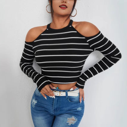 Dame Fashionabel top med off-shoulder design og stribemønster Stilla
