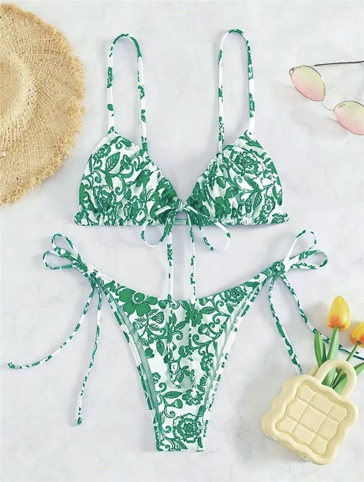 Dame Triangel-Bikini-sæt med blomsterdesign og justerbare bindebånd Stilla