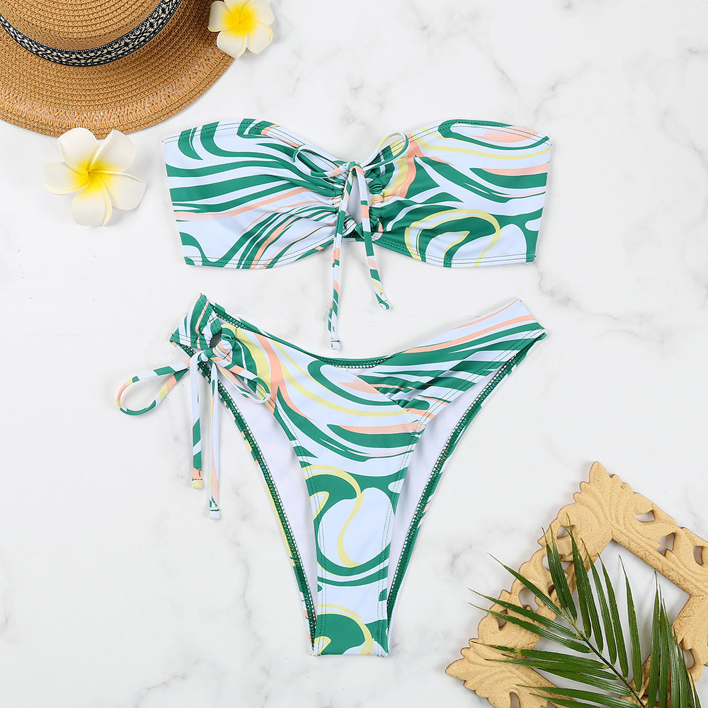 Dame Floral Print Bandeau To-delt Bikini Sæt Stilla