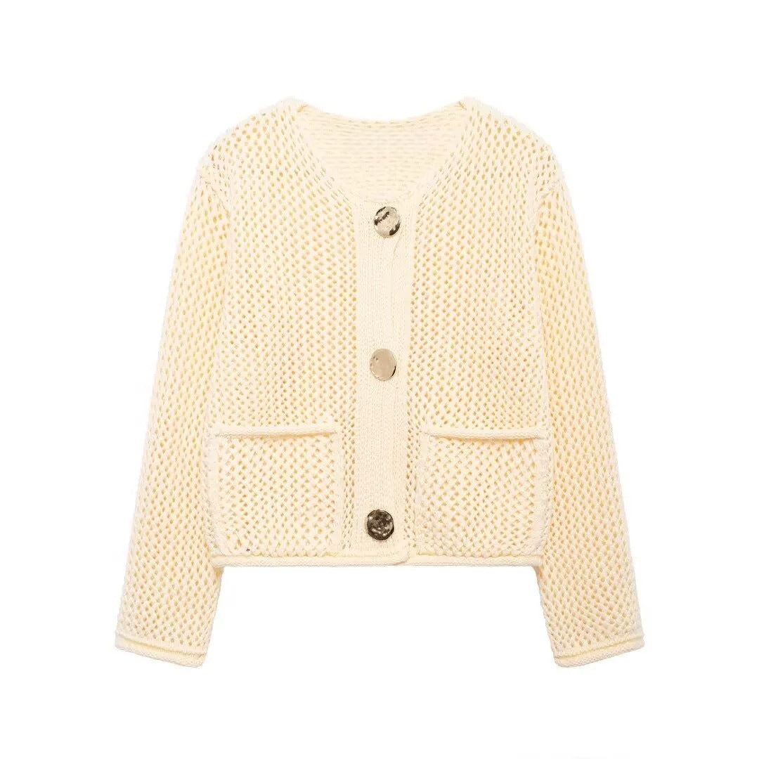 Kvinders cardigan med mesh struktur og store knapdetaljer Stilla
