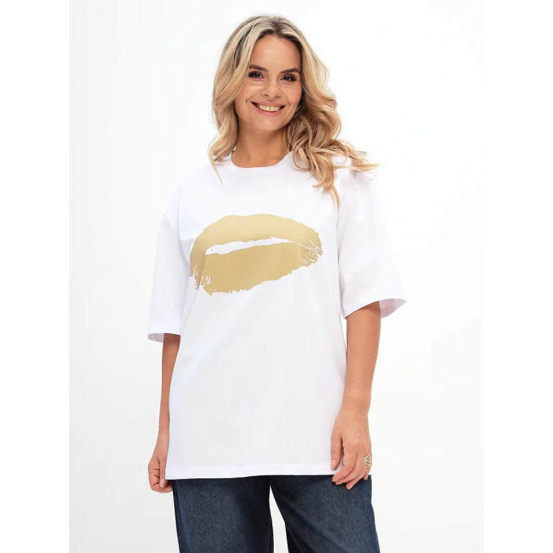 Dame Oversized T-shirt med glamorøs læbeapplikation og løs pasform Stilla