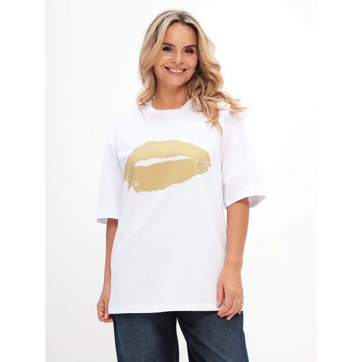Dame Oversized T-shirt med glamorøs læbeapplikation og løs pasform Stilla