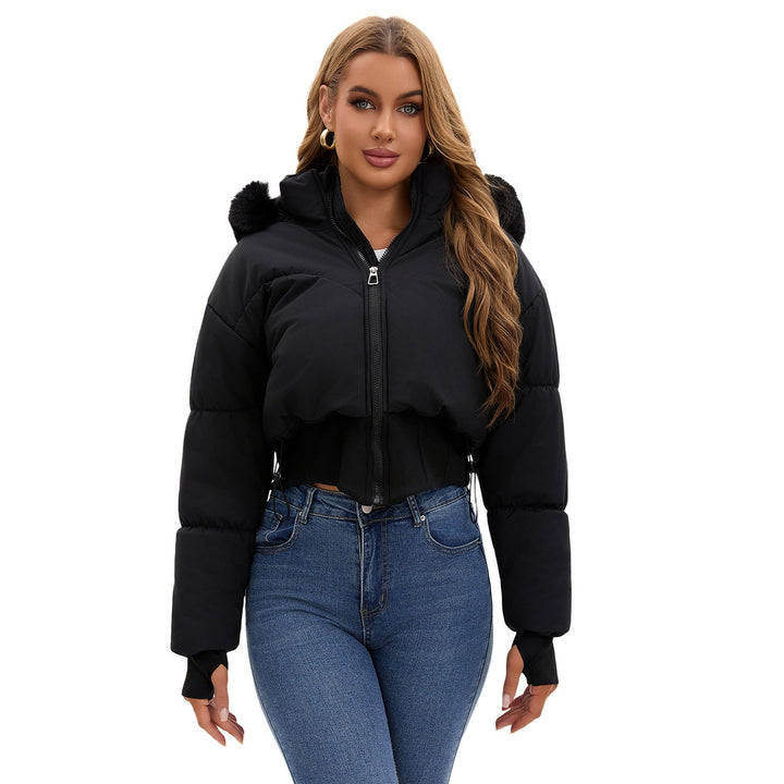 Dame cropped dunjakke med aftagelig hætte og faux fur kant Stilla