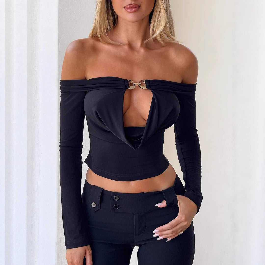 Dame Off-Shoulder Bluse med dekorativ udskæring og lange ærmer Skovae