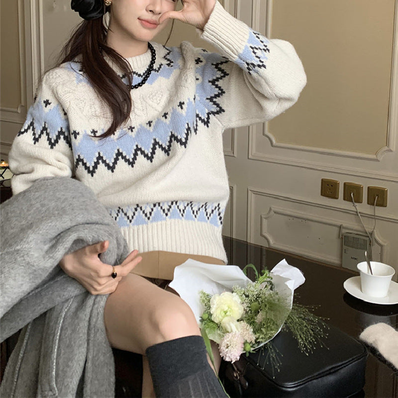 Dame mønstrede strikkede sweater med rund halsudskæring og komfortabel pasform Stilla