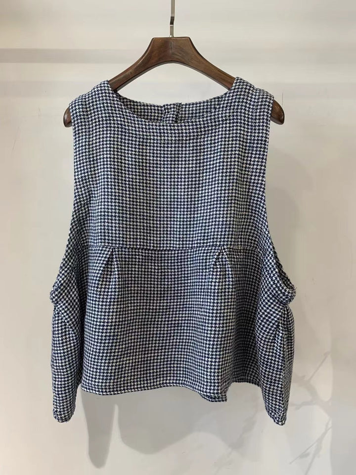 Femme stribet ærmeløs bluse med plisseret kant Stilla