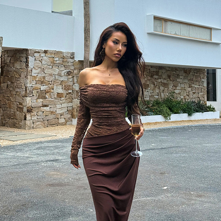 Dame Elegant Off-Shoulder Kjole med Spidseloberdel Skovae