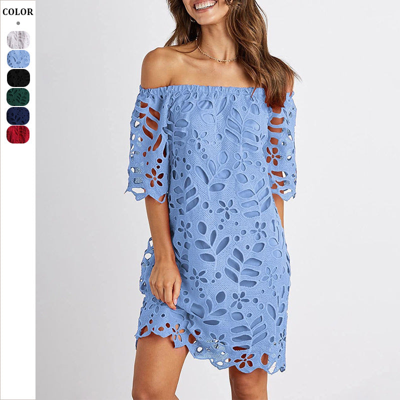 Dame Romantisk Off-Shoulder Kjole med blomstret huller mønster og bredt skårne ærmer Stilla