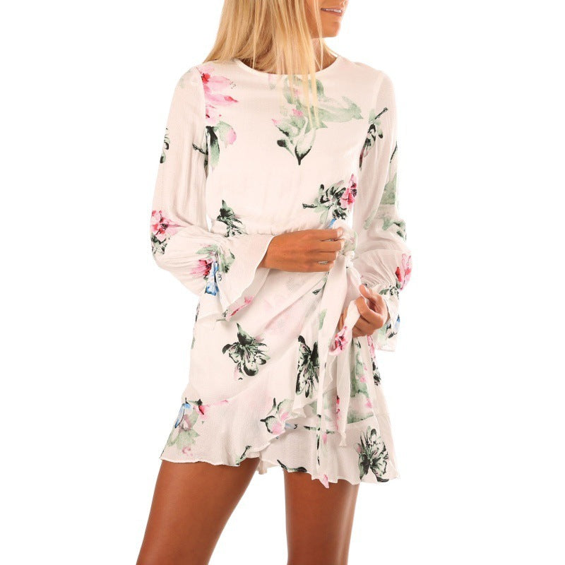 Dame Floral Print Mini Wrap Kjole med Flare ærmer Stilla