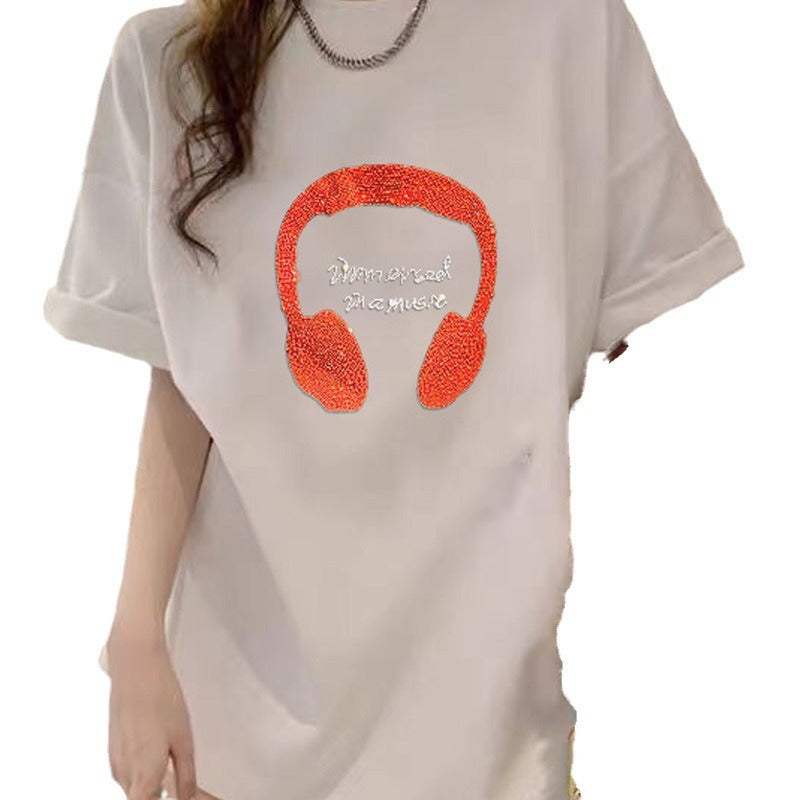 Dame T-shirt med kreativ hovedtelefon-design og funklende skrift Stilla