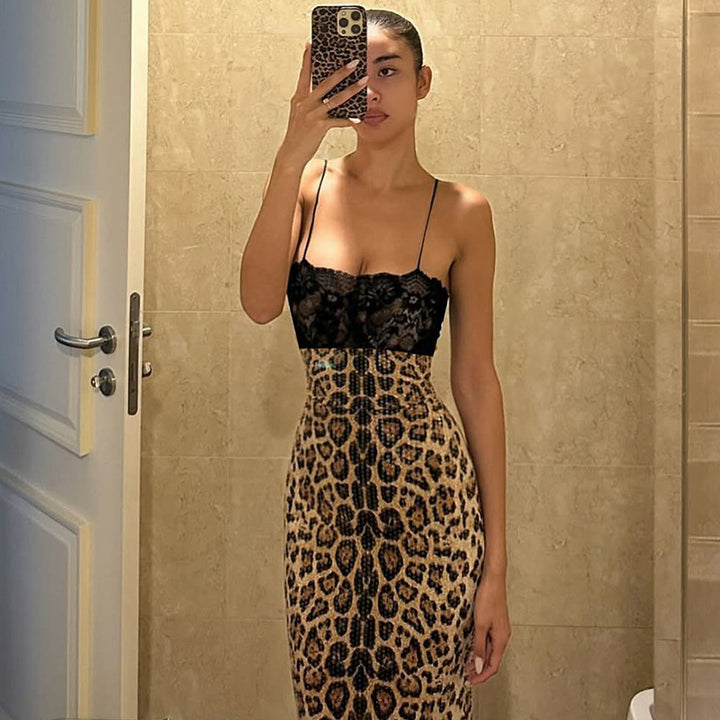 Dame Elegant og forførende Leopardspidse Kjole Skovae