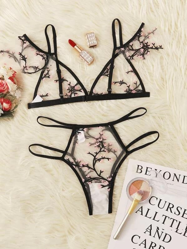 Damer Gennemsigtig Blomster Spids-Bralette og String Sæt Stilla