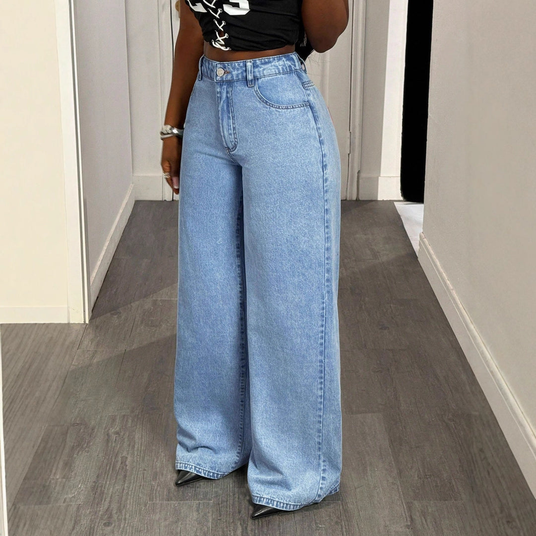 Damernes højtaljede wide-leg jeans med statement print Stilla