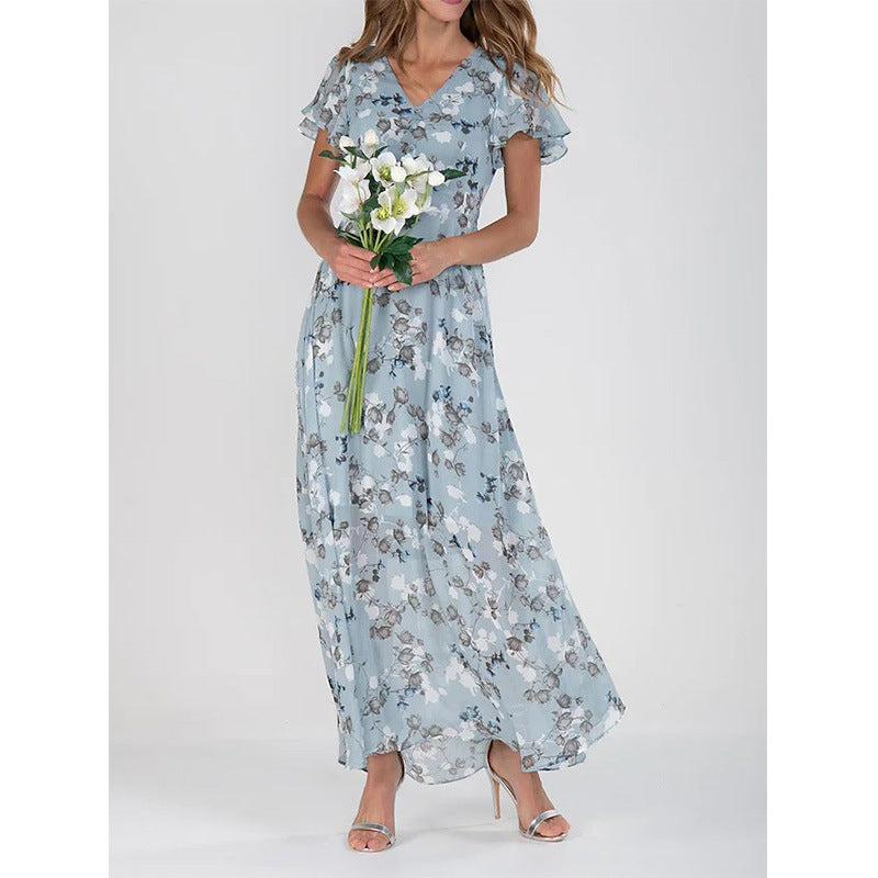 Dame Maxikjole med blomster chiffon og elegant V-hals Stilla