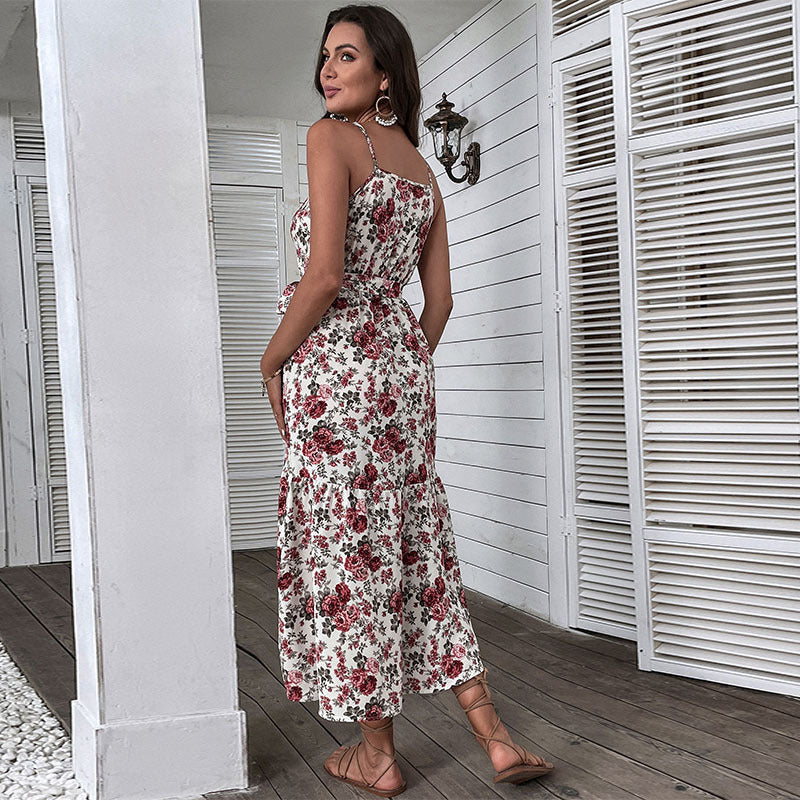 Dame Floral Print Midi Kjole med justerbart Bindebælte Stilla