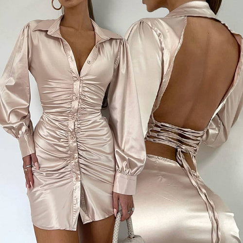 Dame Elegant Vavkjole i Satin med Rynker Stilla