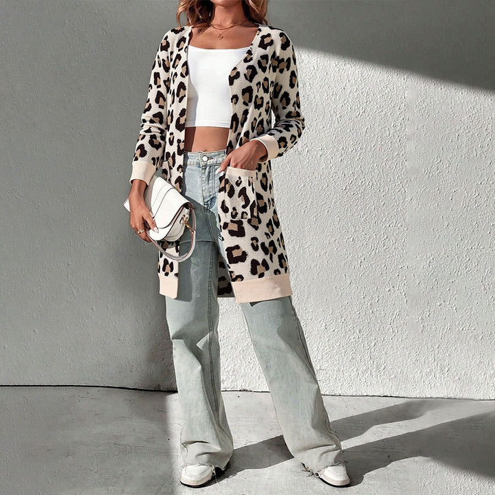 Dame cardigan med leopardmønster og praktiske lommer Stilla