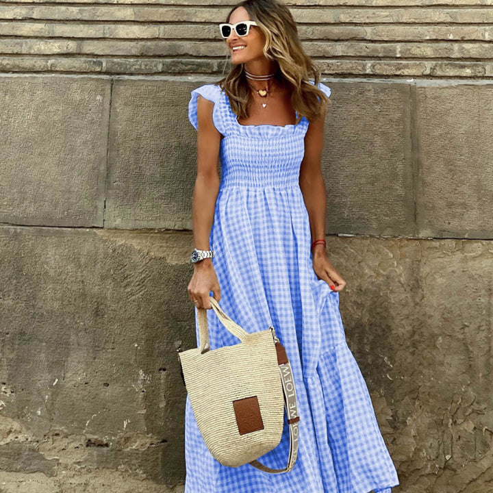 Dame Gingham Smocked Maxikjole med Ruffleærmer Stilla