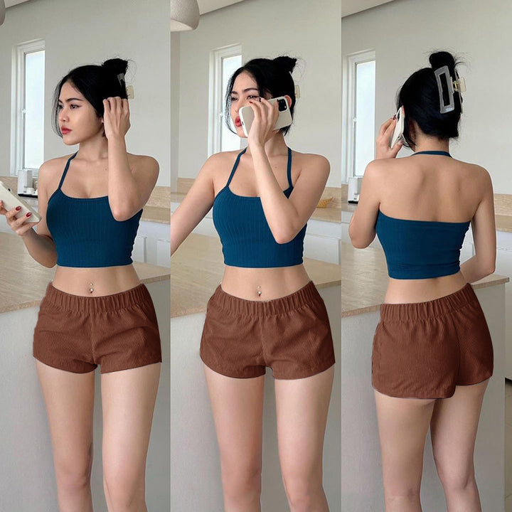 Dame Fritid Rib Crop Top og Højtaljede Shorts Sæt Stilla