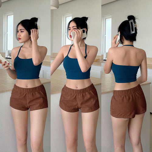 Dame Fritid Rib Crop Top og Højtaljede Shorts Sæt Stilla