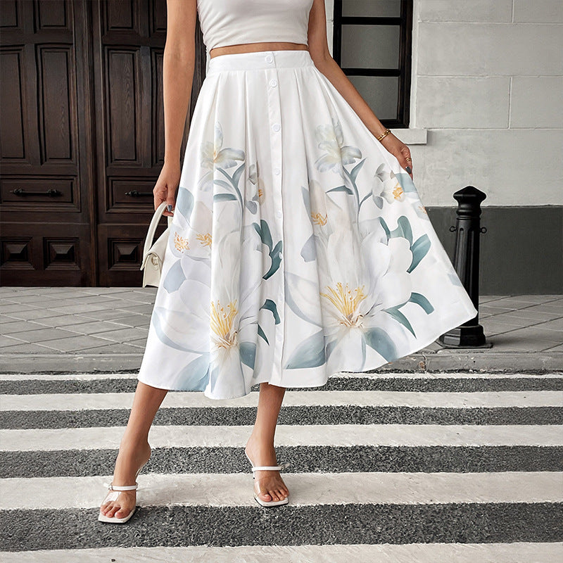 Dame Floral Print A-linje Midi Nederdel Stilla