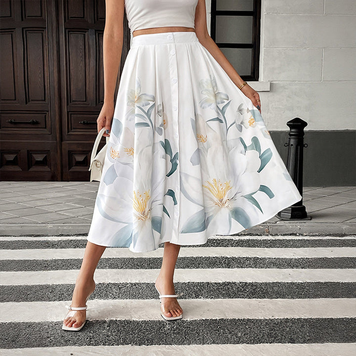 Dame Floral Print A-linje Midi Nederdel Stilla
