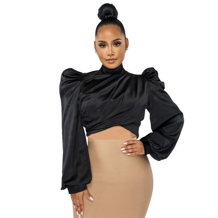 Dame mode Cropped top med puffærmer og høj krave Stilla