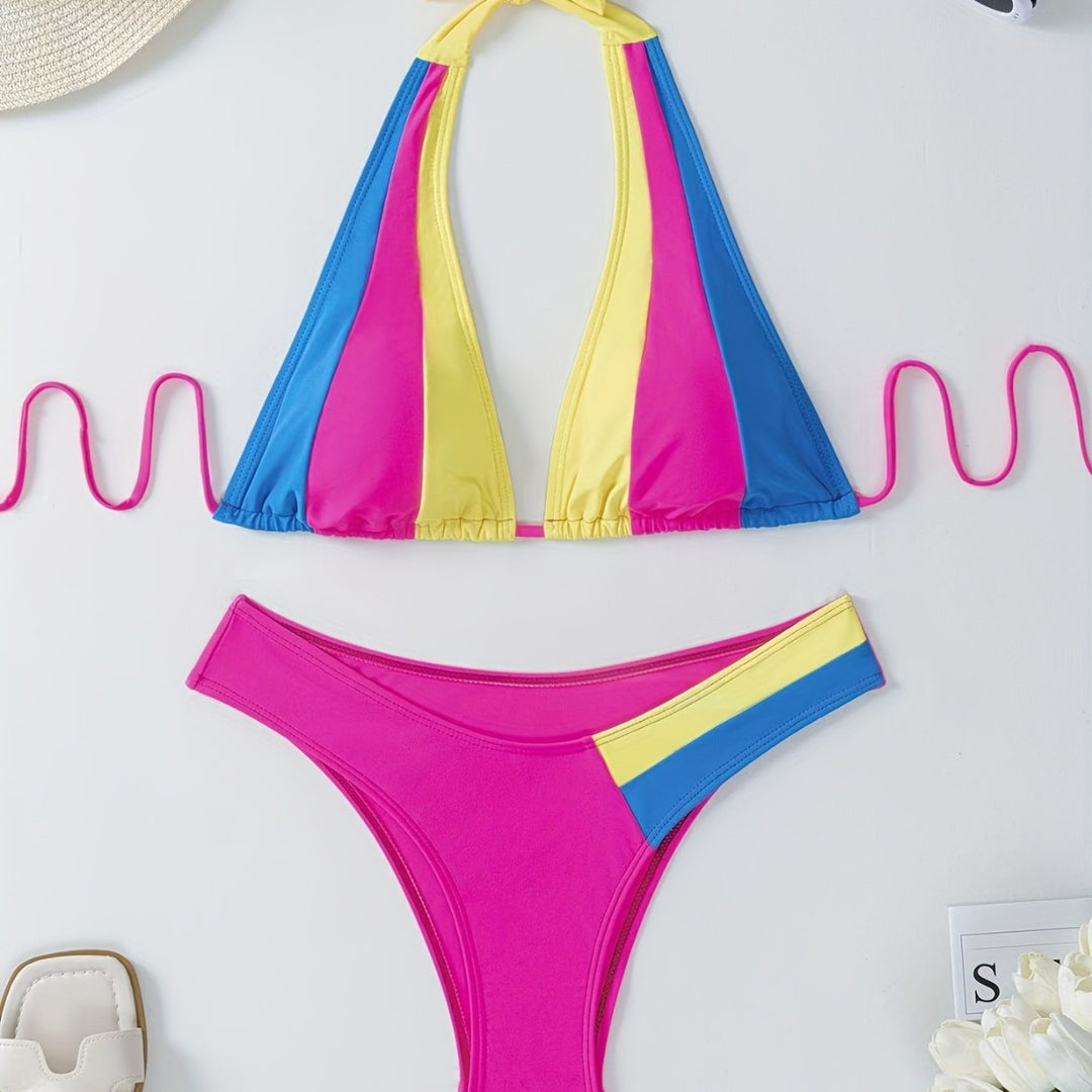 Dame farveblok trekant bikini sæt med justerbare stropper Stilla