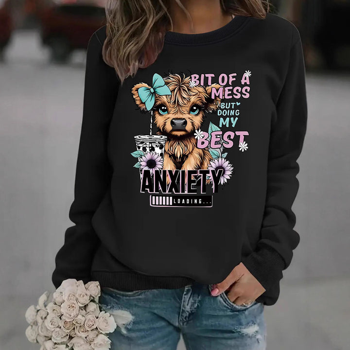 Kvinders sweatshirt med kreativ hundedesign og inspirerende skrift Stilla