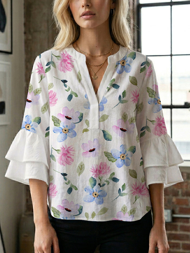 Dame elegant bluser med voluminøse rucheærmer og grafisk blomsterdesign Skovae