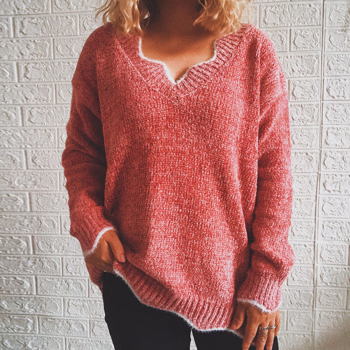 Dame afslappet strik pullover med V-hals og struktureret stof Stilla