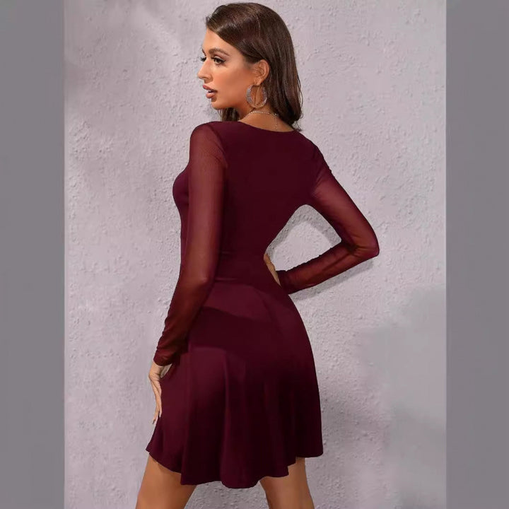Dame Elegant V-Hals Mini Kjole med Gennemsigtige Lange Ærmer Stilla