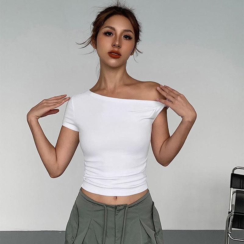 Dame skulderfri crop-top med ruf og fashionable knuder Skovae
