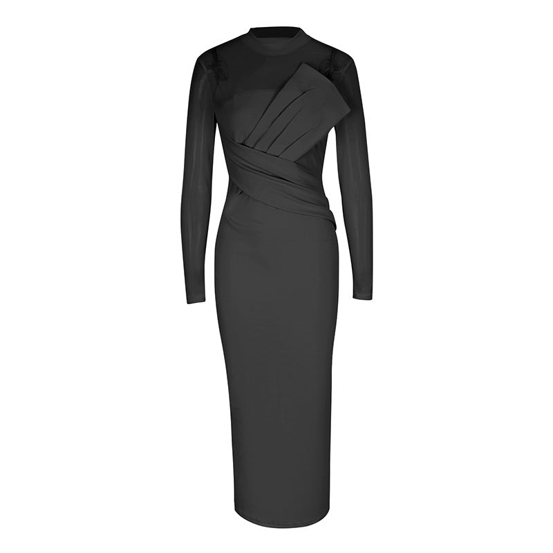 Dame Elegant Langærmet Midi-Kjole med raffineret drapering og figursyet silhuet Skovae
