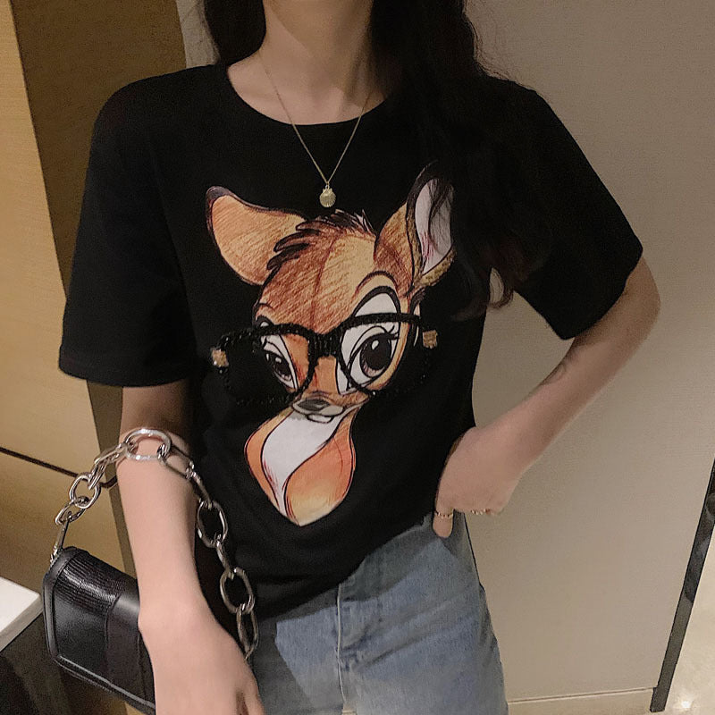 Dame T-shirt med kunstnerisk dyremotiv og afslappet snit Stilla