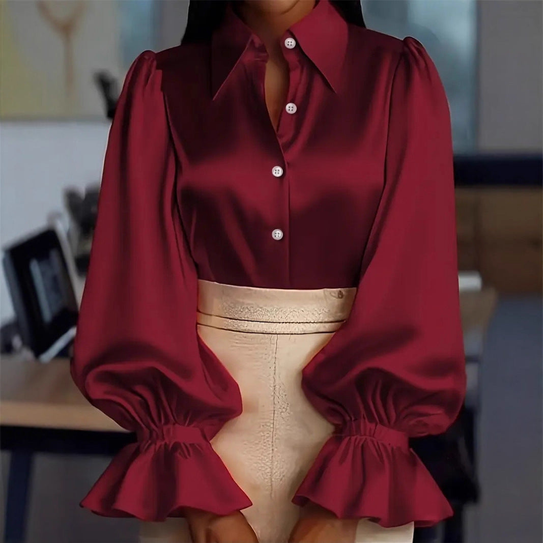 Dame elegant silke bluse med puffærmer og flot knapliste Skovae