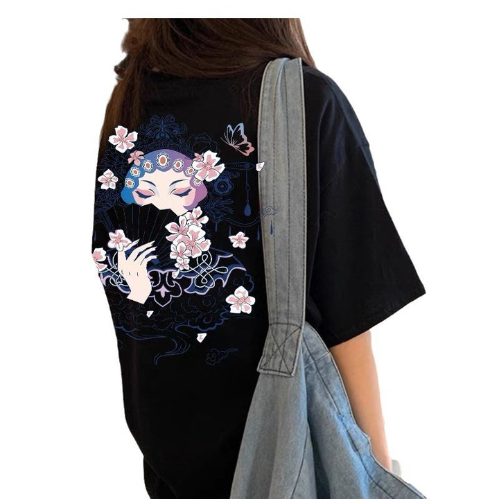 Dame T-shirt med kunstneriske asiatiske motiver og ekstravagante detaljer Stilla