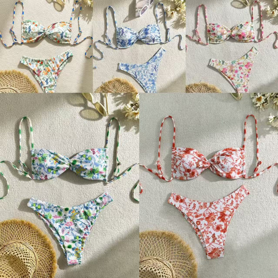 Dame triangel-bikini med blomsterdesign og justerbare stropper Skovae